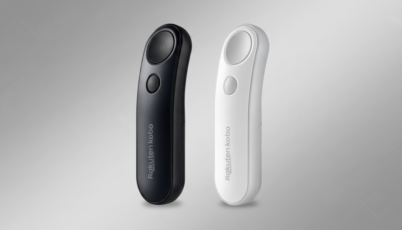 A black and a white Rakuten Kobo e-reader remote control, presented on a professional gray background with subtle geometric patterns.
