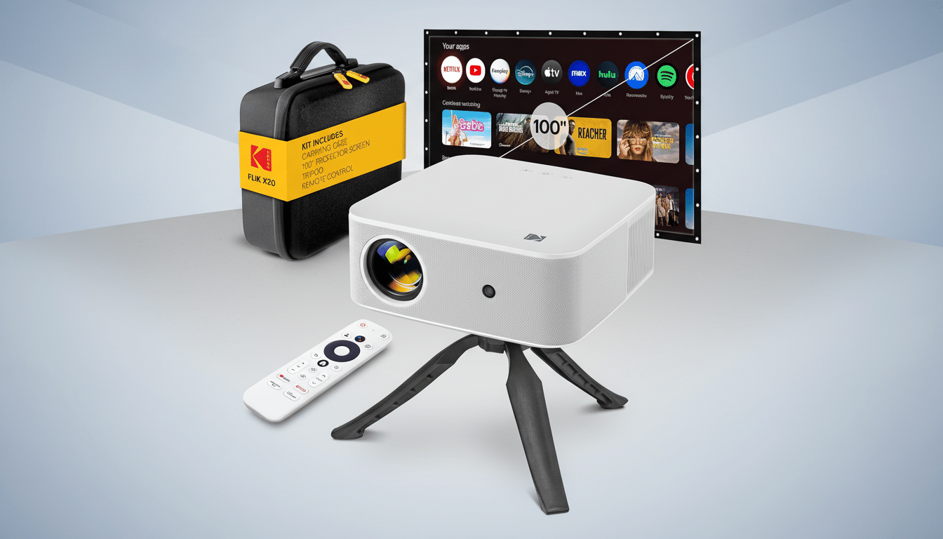 A white Kodak FLIK X20 projector on a tripod, a black carrying case with yellow branding, a white remote control, and a screen displaying streaming app interfaces, all set against a professional gray and white gradient background.
