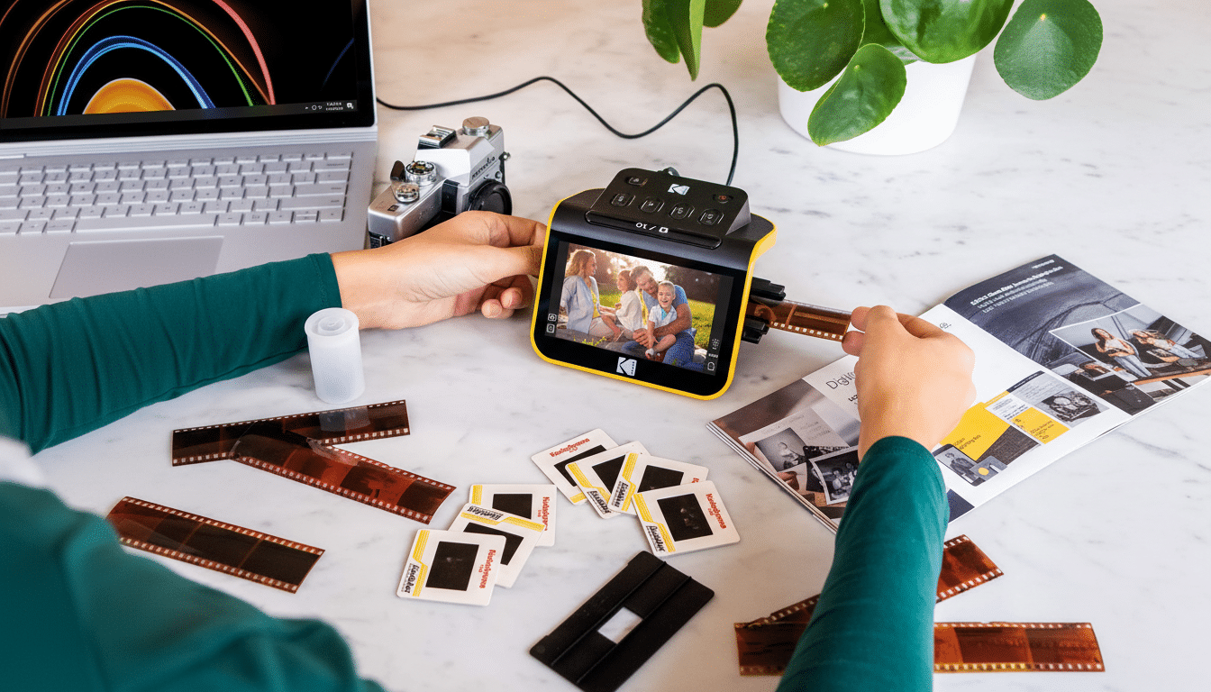 A persons hands are shown using a Kodak film scanner to digitize old film negatives and slides, with a laptop, vintage camera, and plant in the background.