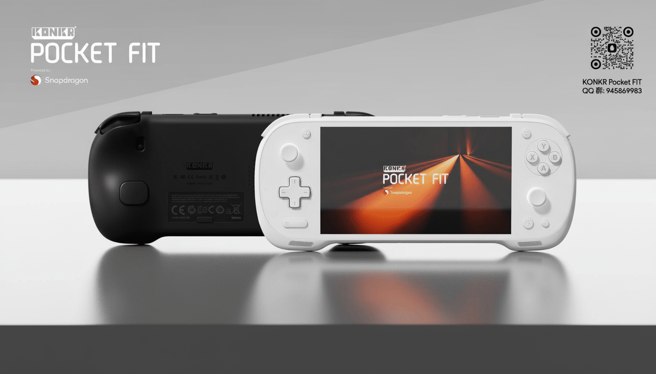 A white and black Konkr Pocket Fit handheld gaming device displayed on a reflective surface.