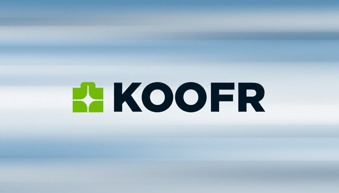 The KOOFRE logo, featuring a green stylized icon resembling a shopping bag or a star, followed by the word KOOFRE in dark gray capital letters, set against a professional flat design background with soft blue and white horizontal gradients.