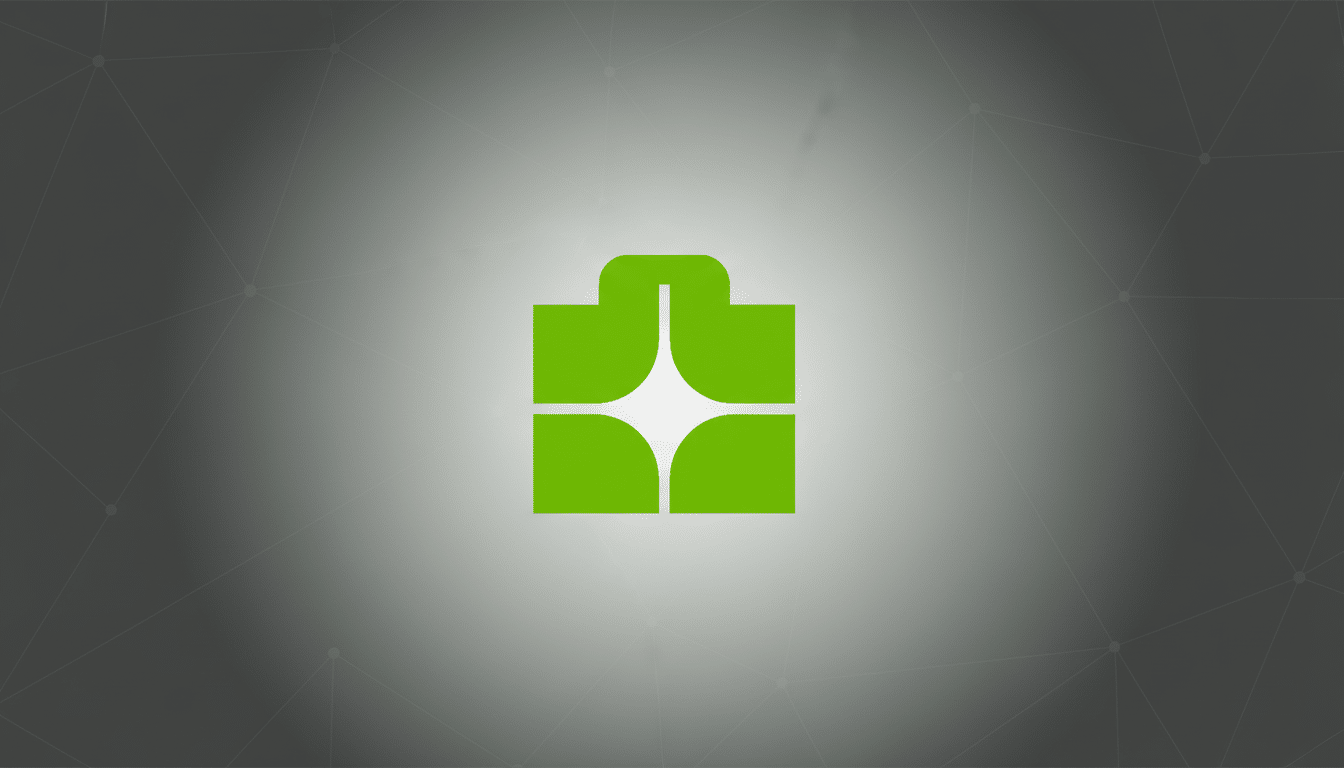 A green abstract logo on a professional gray background with subtle geometric patterns.