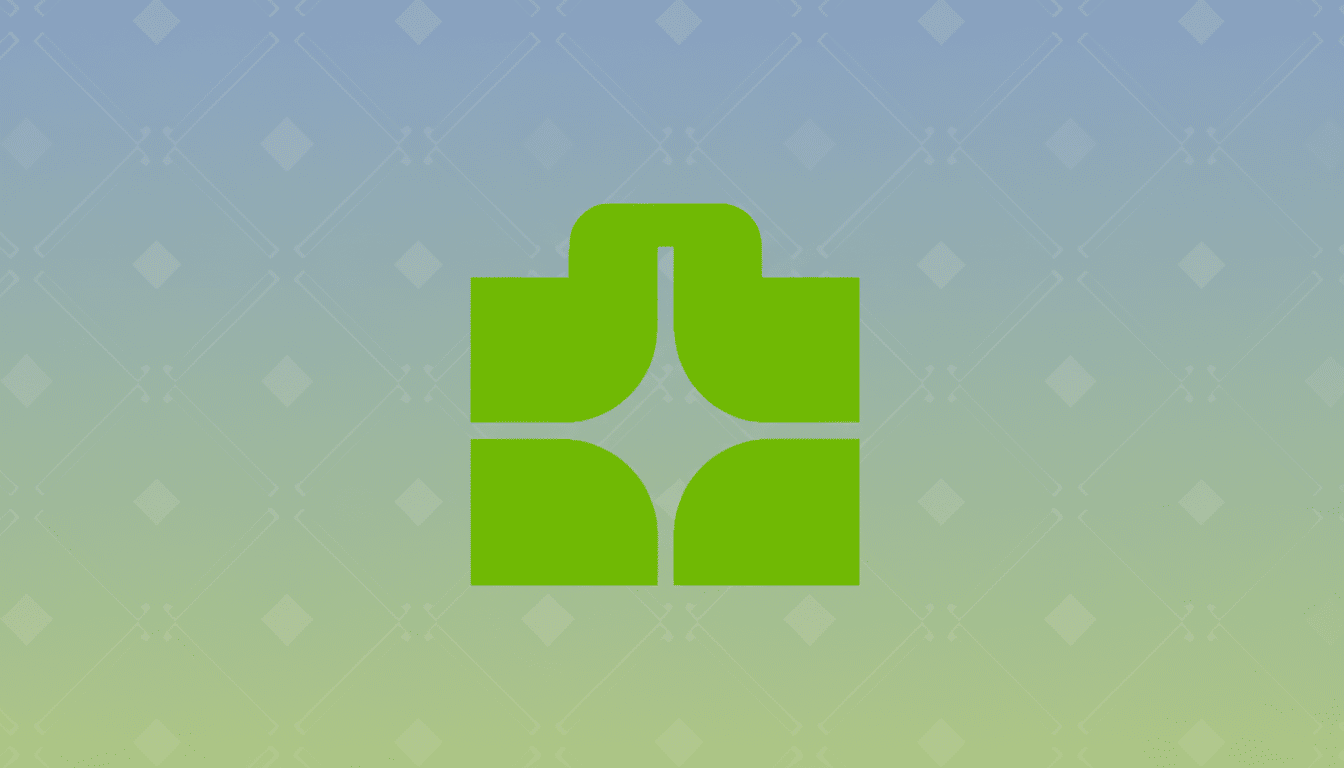 A green abstract logo resembling a stylized shopping bag or gift box with a star-like shape in the center, set against a professional 16:9 aspect ratio background with a subtle blue-green gradient and faint geometric patterns.