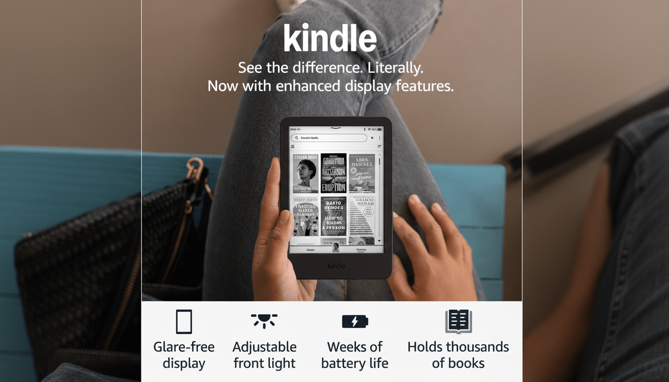 A person holding a Kindle e-reader, displaying book covers, with text above promoting kindle See the difference. Literally. Now with enhanced display features. Below the image are icons and text highlighting features: Glare-free display, Adjustable front light, Weeks of battery life, and Holds thousands of books.