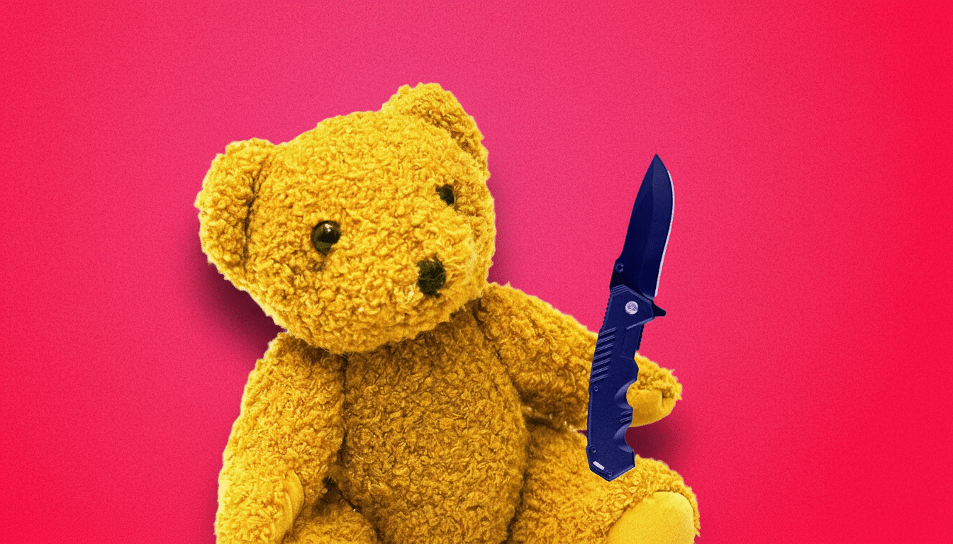 A yellow teddy bear holding a blue folding knife against a vibrant pink background.