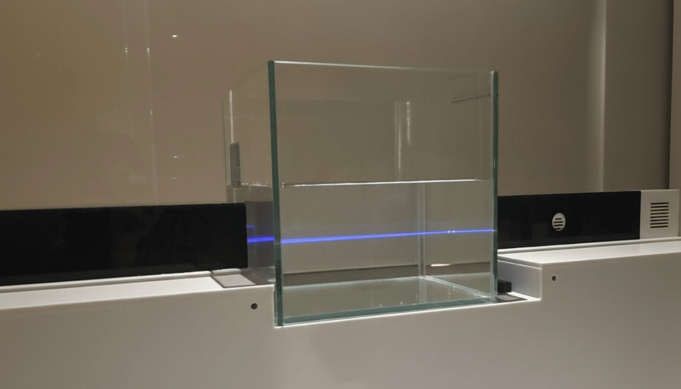 A clear glass cube, possibly an aquarium or display case, sits on a white surface with a black panel behind it. A thin blue light beam is visible horizontally through the glass.