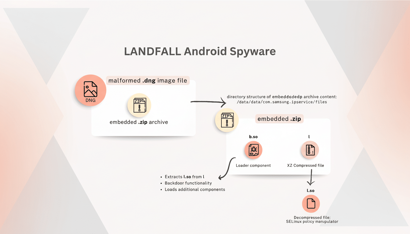 A diagram illustrating the LANDFALL Android Spyware attack flow, showing a malformed .dng image file containing an embedded .zip archive. This archive extracts into an embedded .zip, which then unpacks into a loader component (b.so) and an XZ compressed file (l). The loader extracts l.so, providing backdoor functionality and loading additional components, with l.so being a decompressed SELinux policy manipulator.