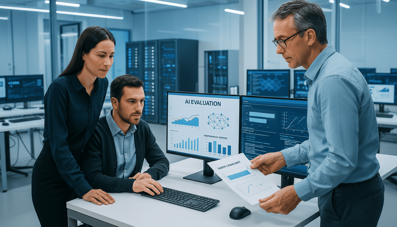 Three professionals in a data center setting, with two looking at a computer screen displaying AI EVALUATION and performance metrics, while the third person presents a document.