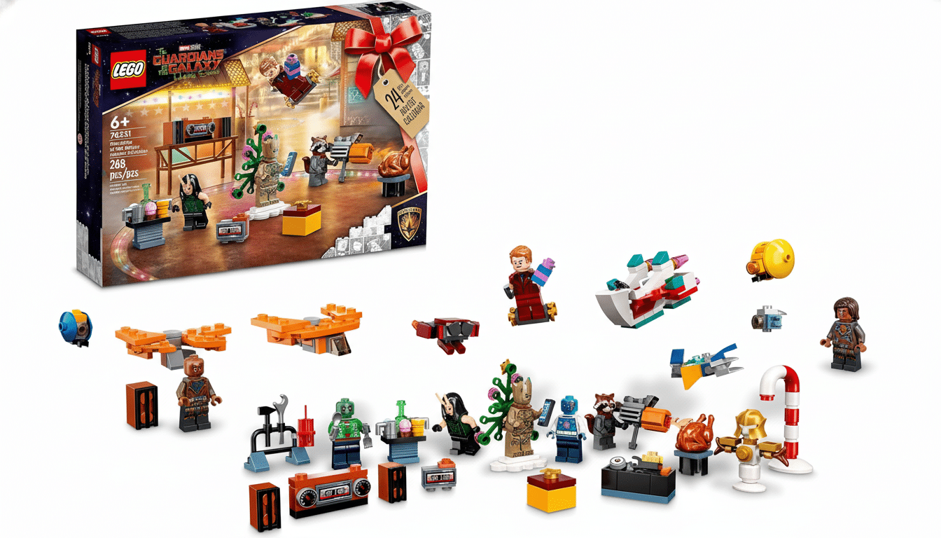 A 16:9 aspect ratio image of the LEGO Guardians of the Galaxy Holiday Special Advent Calendar box and its contents, including various LEGO minifigures and small builds, against a clean white background.