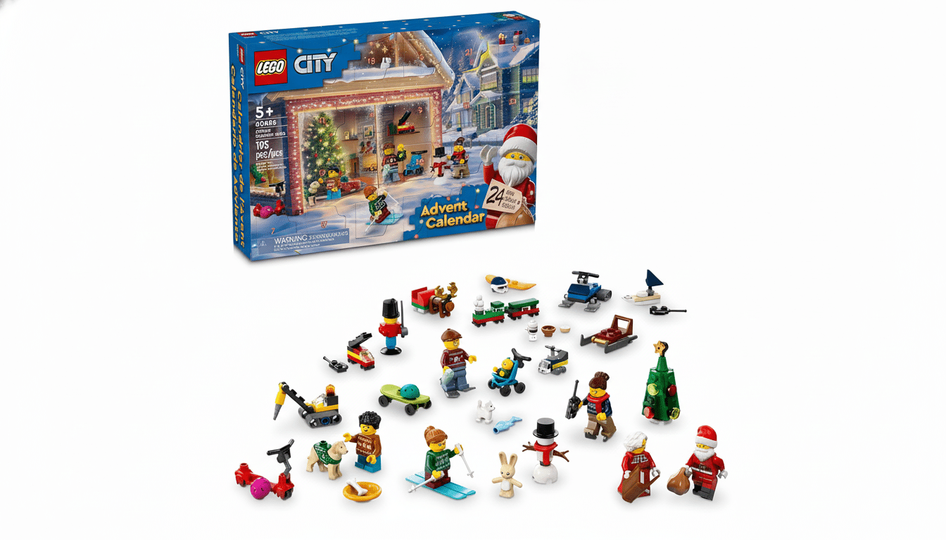 A 16:9 aspect ratio image featuring the LEGO City Advent Calendar 2023 box in the upper left, with all 24 individual LEGO mini-builds and minifigures from the calendar spread out below it on a clean white background.
