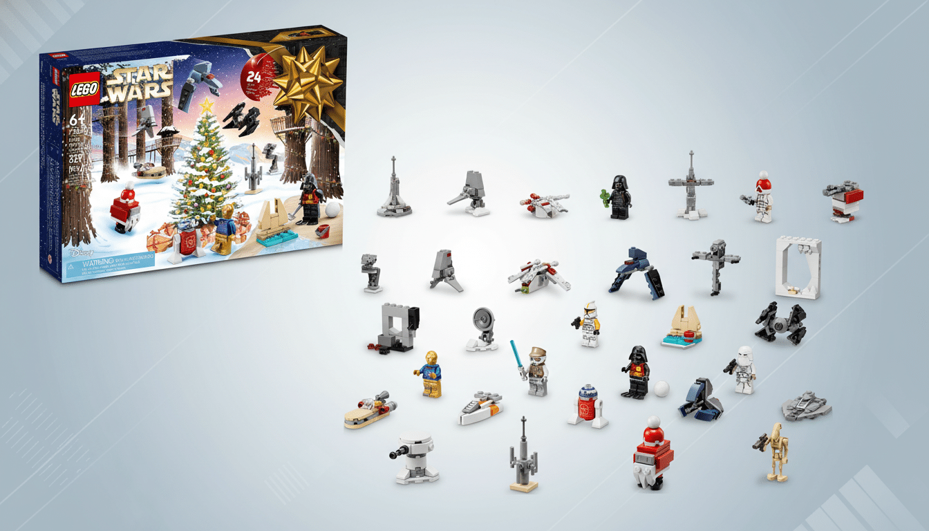 A 16:9 aspect ratio image featuring a LEGO Star Wars Advent Calendar box in the upper left corner and various small LEGO Star Wars figures and vehicles spread across a professional flat gray background with subtle patterns.