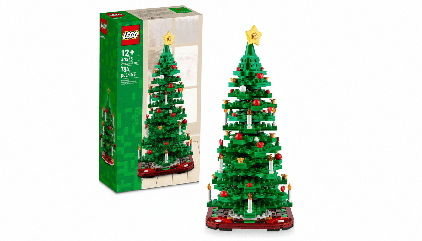 A LEGO Christmas tree set, with the box on the left and the assembled tree on the right, against a clean white background.