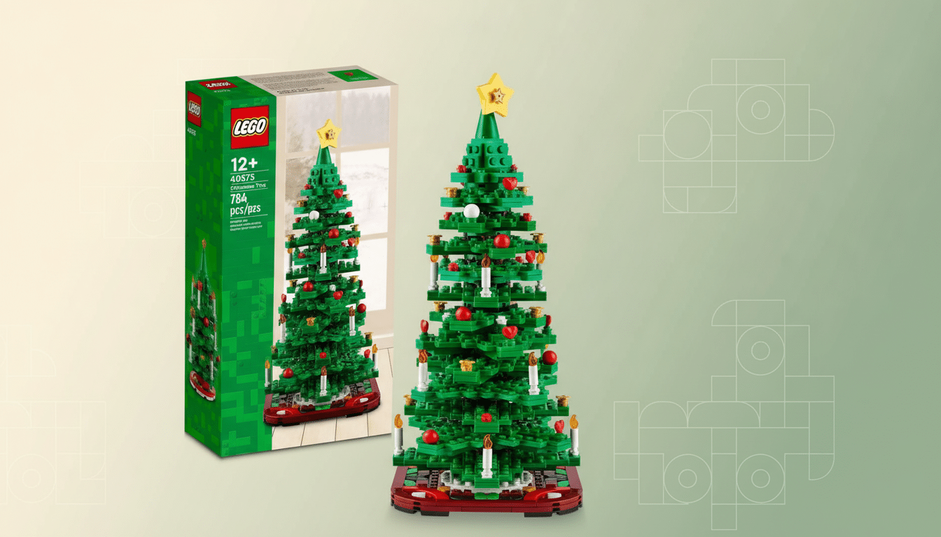 A LEGO Christmas tree set, both in its box and assembled, against a professional flat design background with soft patterns and gradients.