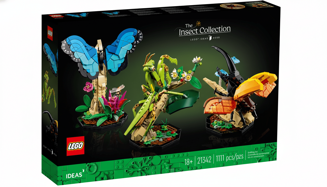 A 16:9 aspect ratio image of the LEGO Ideas The Insect Collection box, featuring models of a blue morpho butterfly, a Chinese mantis, and a Hercules beetle.