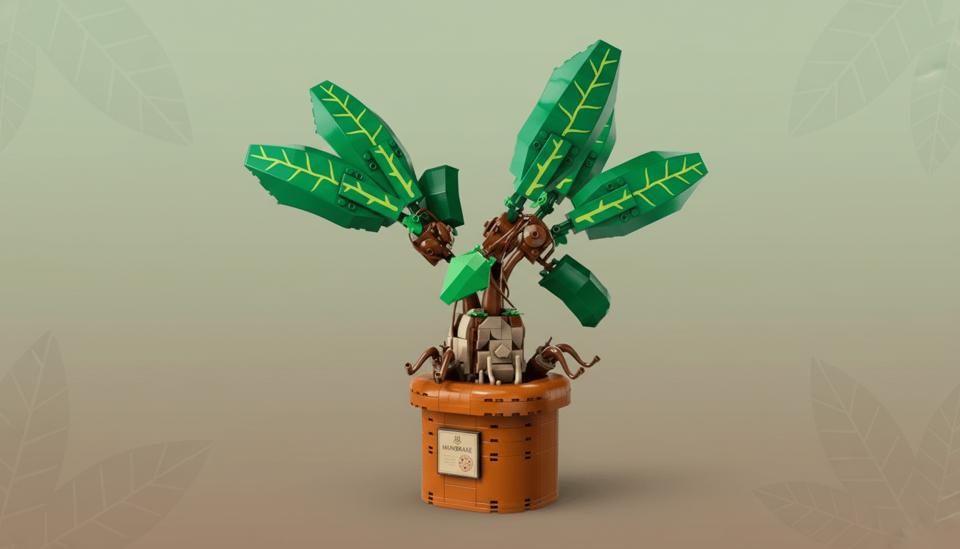 A LEGO Mandrake plant in a brown pot, with large green leaves and brown roots, set against a professional flat design background with soft leaf patterns and a gradient.