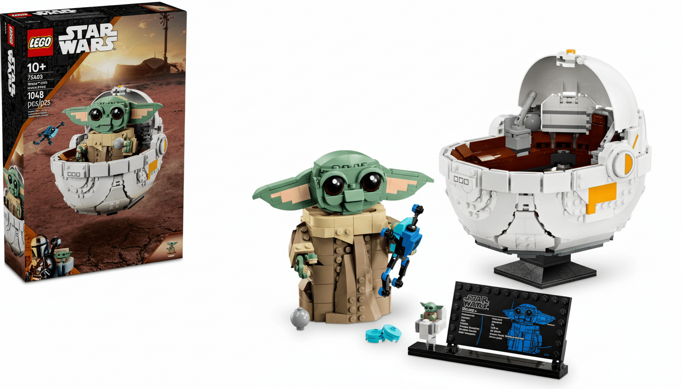 A 16:9 aspect ratio image of the LEGO Star Wars Grogu set, featuring the box, a built Grogu figure, his hover pram, and a display plaque, all on a white background.