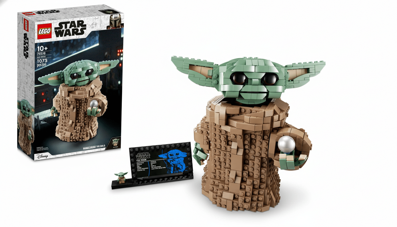 A LEGO Star Wars set featuring a buildable model of The Child (Grogu) from The Mandalorian, shown next to its product box and a small display plaque.
