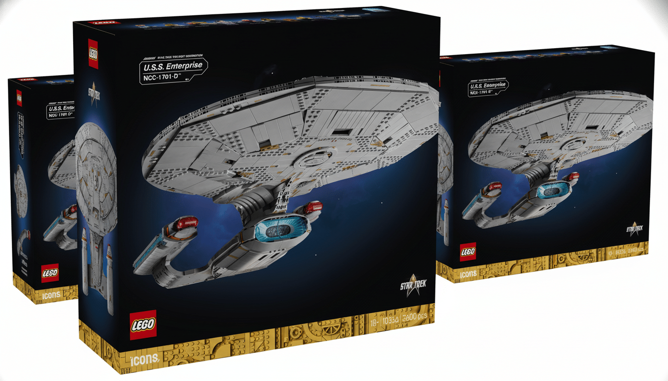 A 16:9 aspect ratio image of the LEGO Star Trek U.S.S. Enterprise NCC-1701-D box, professionally enhanced with a clean, dark background.