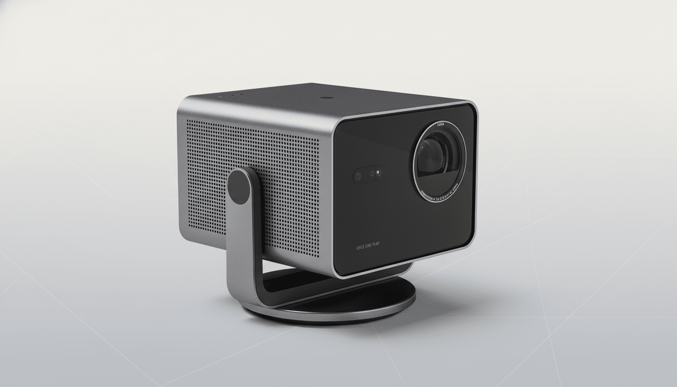 A sleek, silver and black Leica projector with a red dot on top, sitting on a matching stand against a professional light gray background.