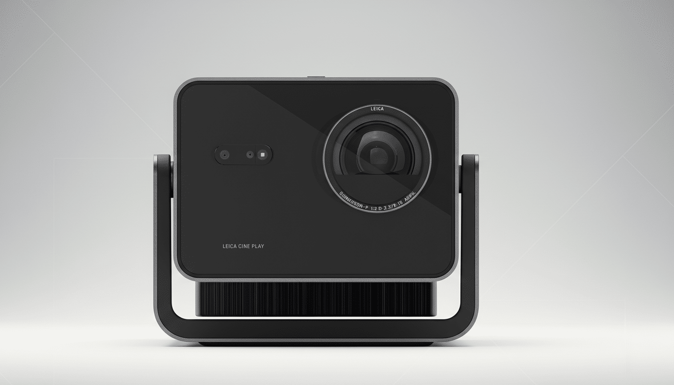 A black Leica Cine Play projector with a lens on the right side and LEICA CINE PLAY text on the bottom left, set against a professional light gray gradient background.