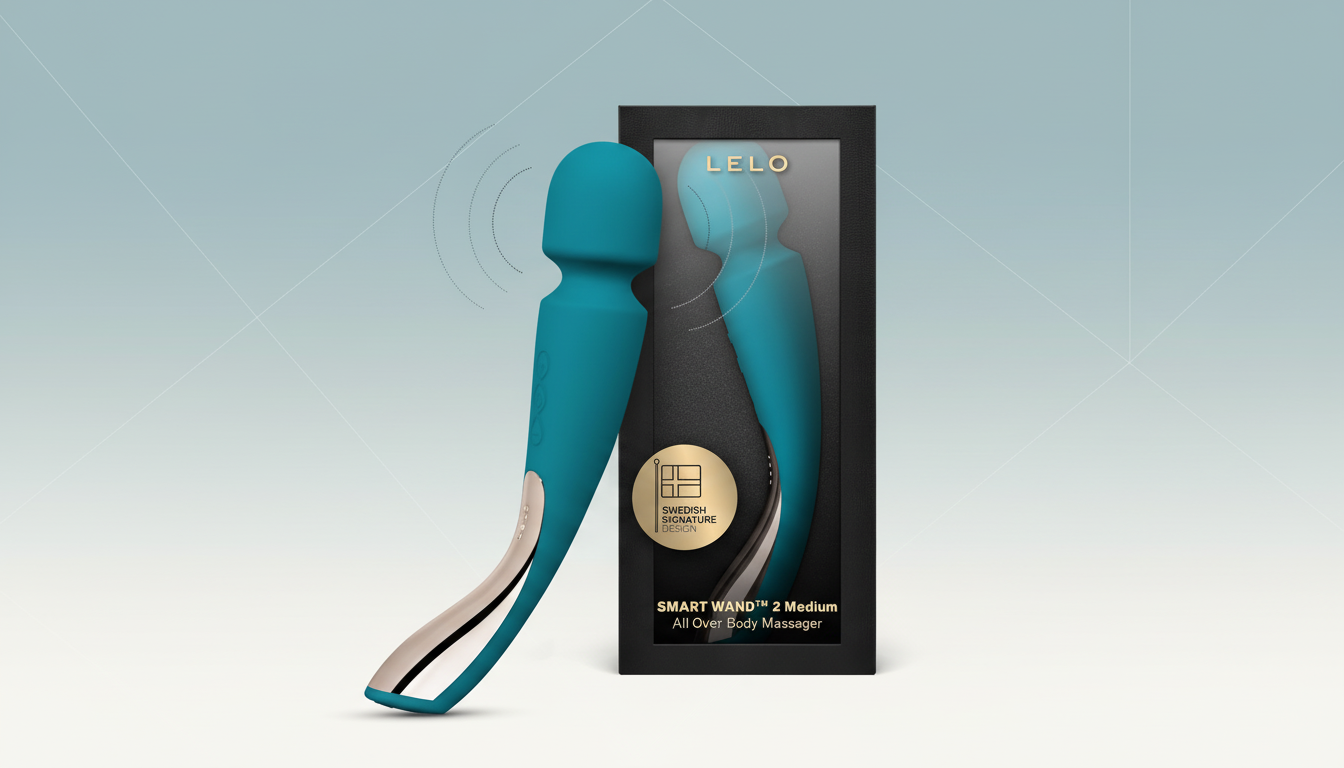 A teal LELO Smart Wand 2 Medium massager with a silver base, next to its black packaging, set against a professional light blue and gray gradient background.