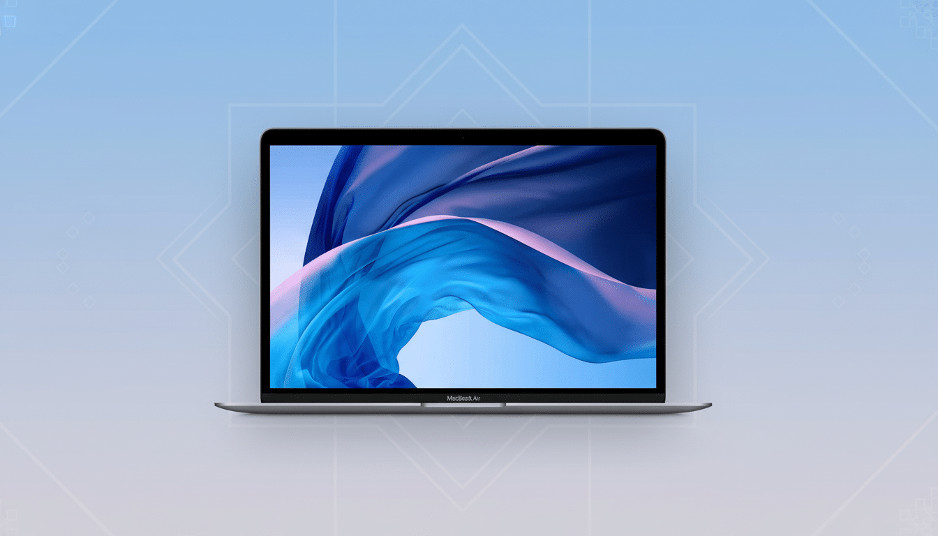 A silver MacBook Air with a blue and purple flowing fabric wallpaper on its screen, set against a professional light blue gradient background with subtle geometric patterns.