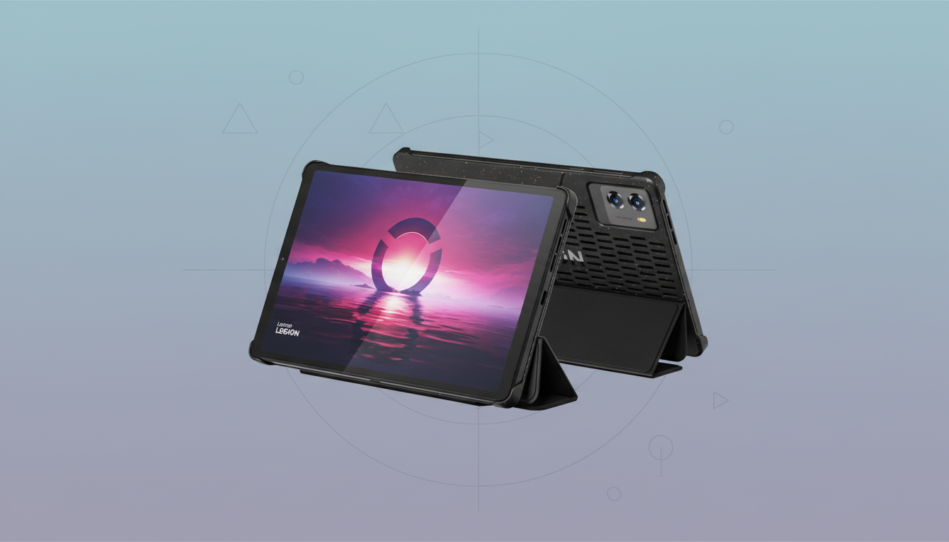 A Lenovo Legion tablet in a protective case, displayed at a 16:9 aspect ratio with a professional flat design background featuring soft patterns and gradients.