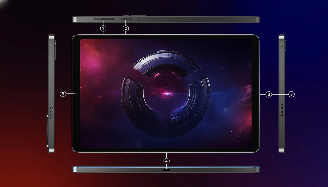 A tablet shown from multiple angles, with the front displaying a cosmic-themed wallpaper. The top view shows buttons labeled 1 and 2. The right side view is labeled 3, the bottom view is labeled 4, and the left side view is labeled 5.