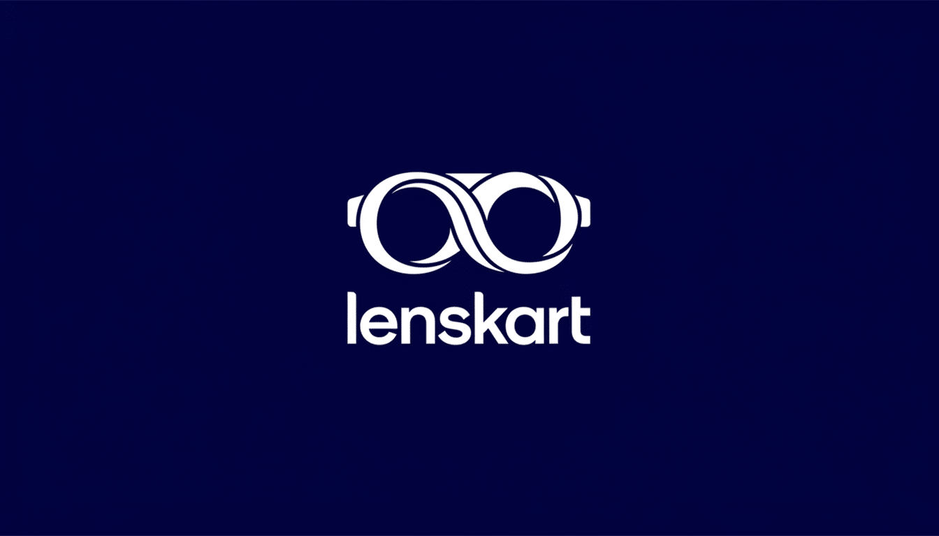 The Lenskart logo, featuring a white stylized infinity symbol resembling glasses above the word lenskart in white, all set against a dark blue background.