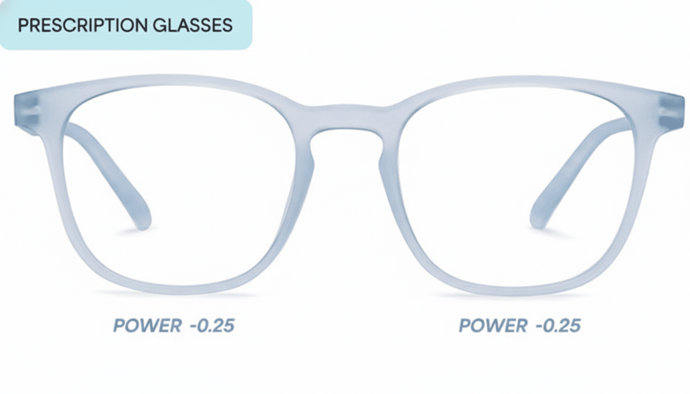 A pair of light blue prescription glasses with POWER -0.25 displayed below each lens, set against a white background with a light blue PRESCRIPTION GLASSES label in the top left.