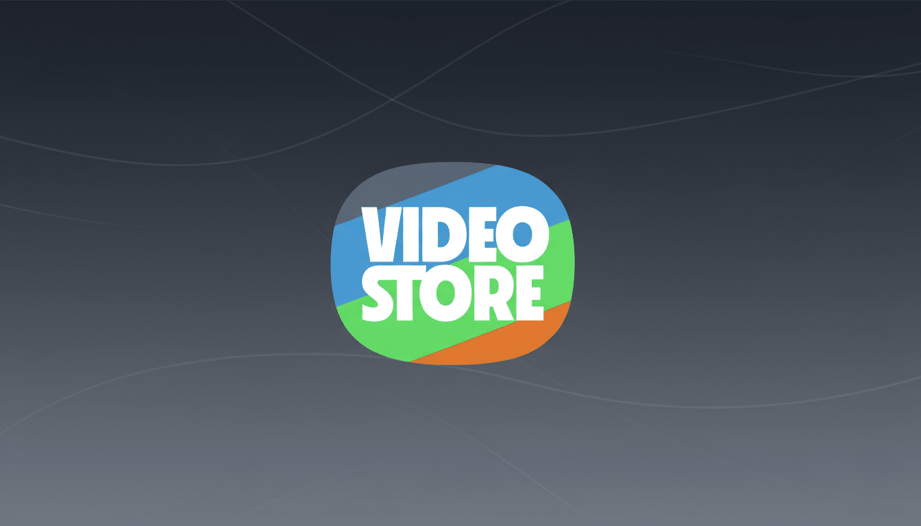 The VIDEO STORE logo, featuring white text on a colorful, rounded background of blue, green, orange, and gray, centered on a dark gray background with subtle, light gray curved lines.