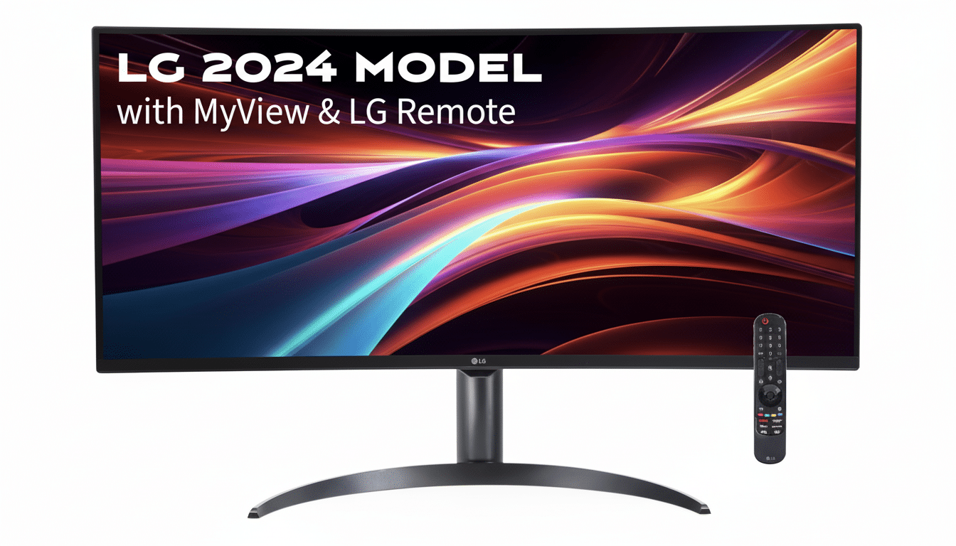 A 16:9 aspect ratio image of an LG 2024 monitor with MyView & LG Remote, featuring a vibrant abstract background on its screen and a remote control to its right, all against a clean white background.