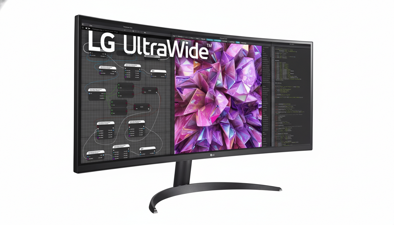 A black LG UltraWide monitor with a curved stand, displaying a split screen with code on the left and a vibrant purple crystal graphic on the right, set against a clean white background.