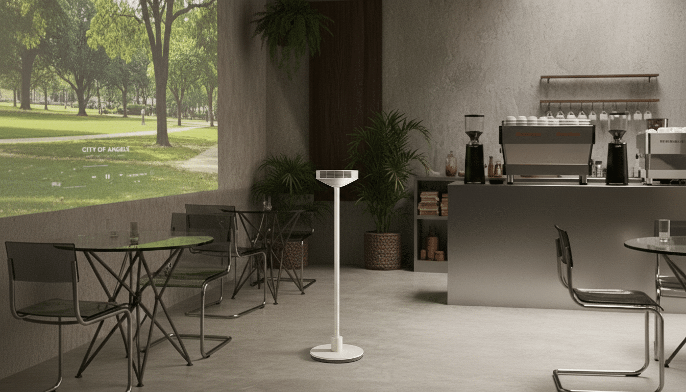 A modern white air purifier stands in a cafe with a projected image of a park on the wall.