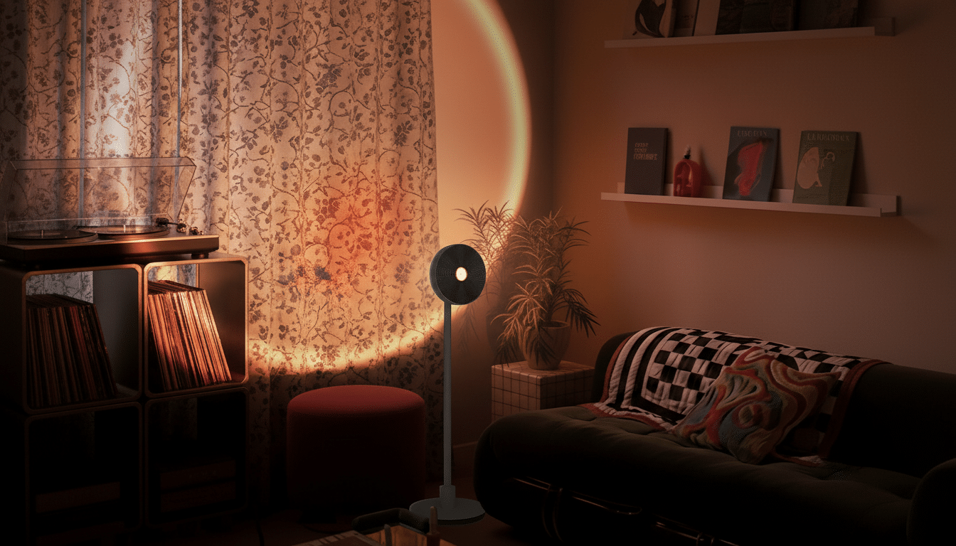 A warm, inviting living room scene at night, featuring a modern floor lamp projecting a soft, circular light pattern onto a patterned curtain. To the left, a record player sits atop a cabinet filled with vinyl records. A plush red ottoman is positioned in front of the lamp. On the right, a dark green sofa with a checkered throw blanket and a colorful pillow is visible. A potted plant sits on a small table next to the sofa, and shelves with books and decorative items adorn the wall above.