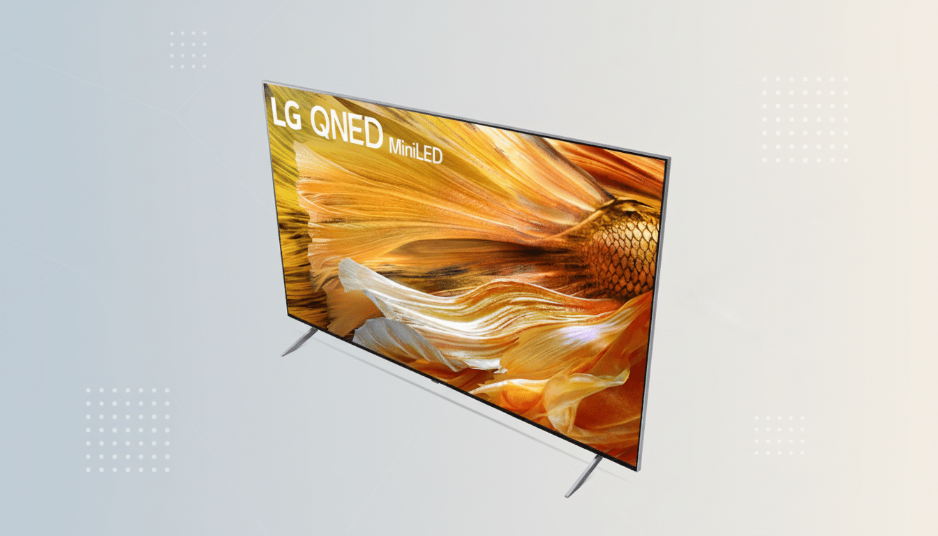 An LG QNED MiniLED TV displayed at an angle, showcasing a vibrant image of a betta fish on its screen. The TV is set against a professional flat design background with soft patterns and gradients.
