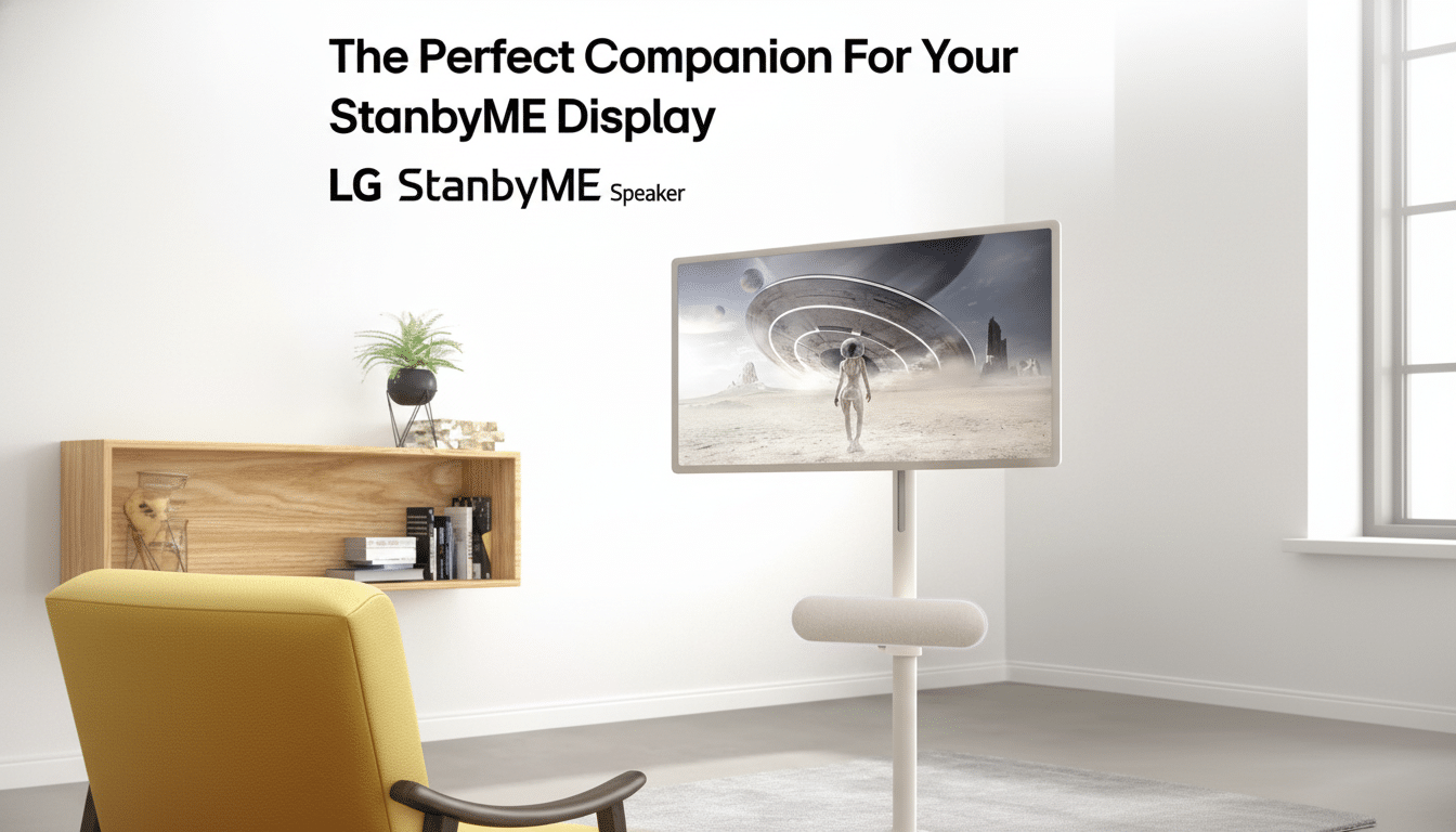 A living room scene featuring an LG StanbyME display on a stand with an attached speaker, a yellow armchair, and a wooden shelf with a plant. The display shows a science fiction scene.