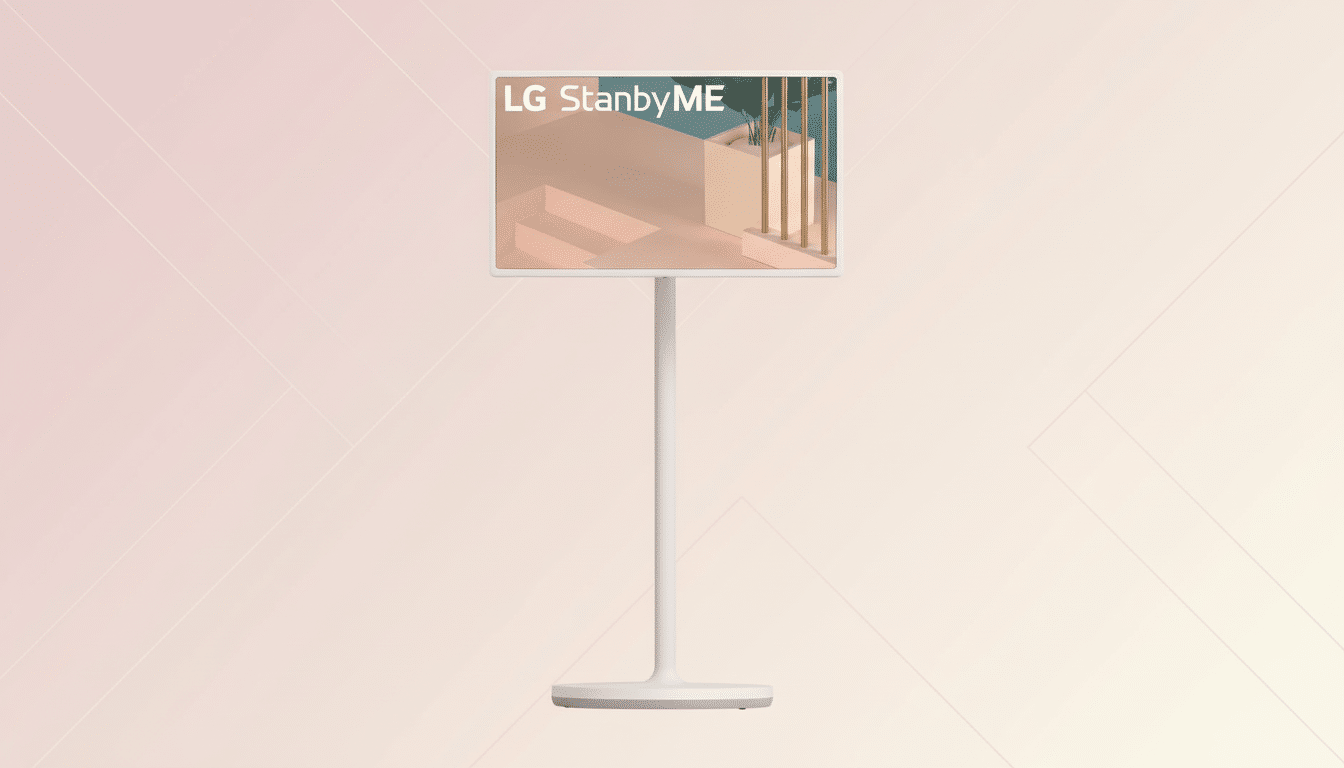 A white LG StanbyME portable smart screen on a stand, set against a soft, gradient background with subtle geometric patterns.