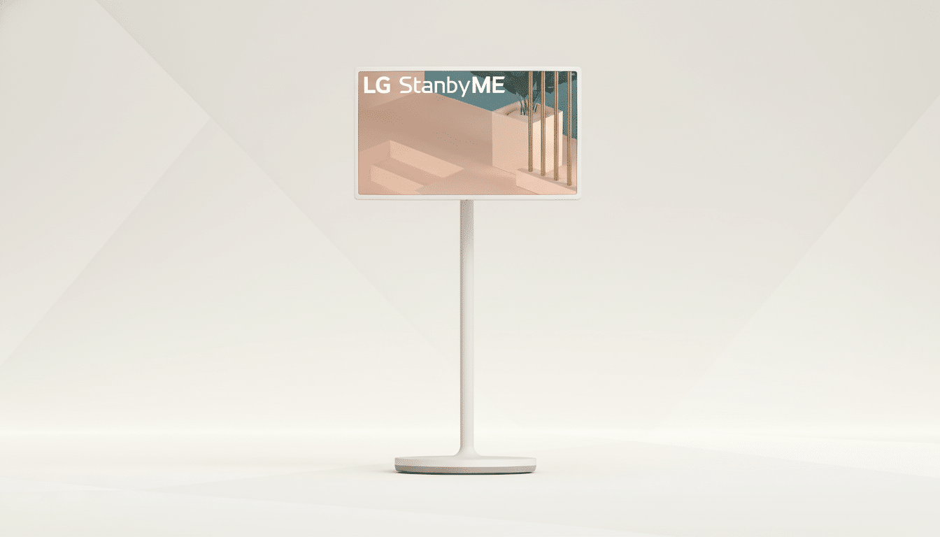 A white LG StanbyME portable smart screen on a stand, set against a professional light beige background with subtle geometric patterns.