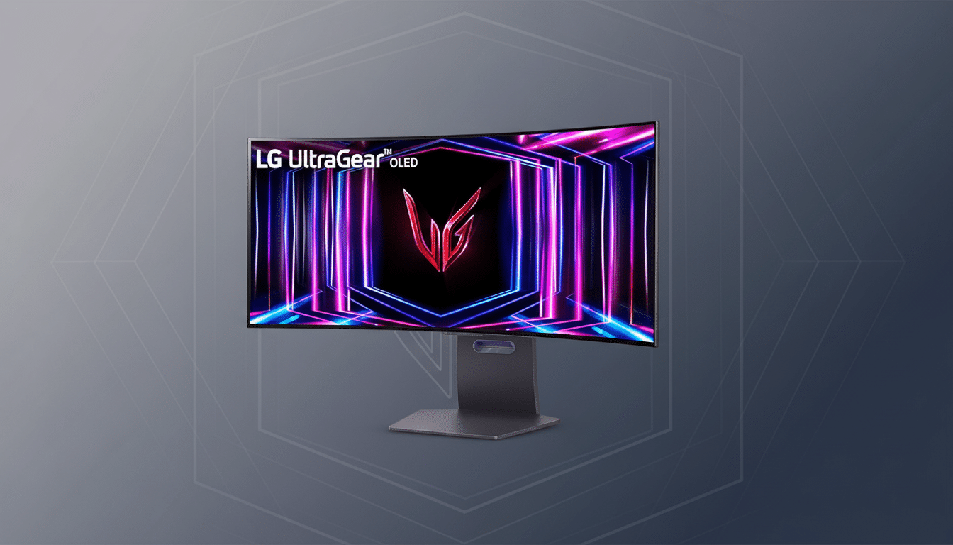 A curved LG UltraGear OLED gaming monitor with a vibrant, abstract neon design on its screen, set against a professional flat gray background with subtle hexagonal patterns.