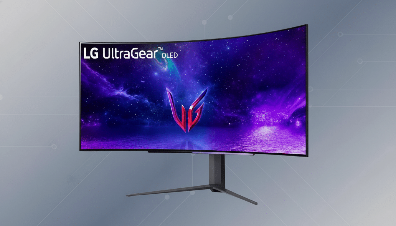 A curved LG UltraGear OLED monitor with a vibrant purple and blue cosmic wallpaper, set against a professional flat design background with subtle grey patterns.