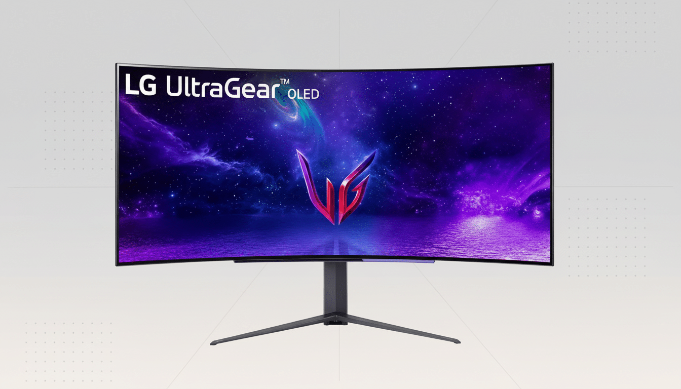 A professional image of an LG UltraGear OLED curved gaming monitor with a vibrant purple and blue cosmic background on its screen, set against a clean, light gray background with a subtle grid pattern.