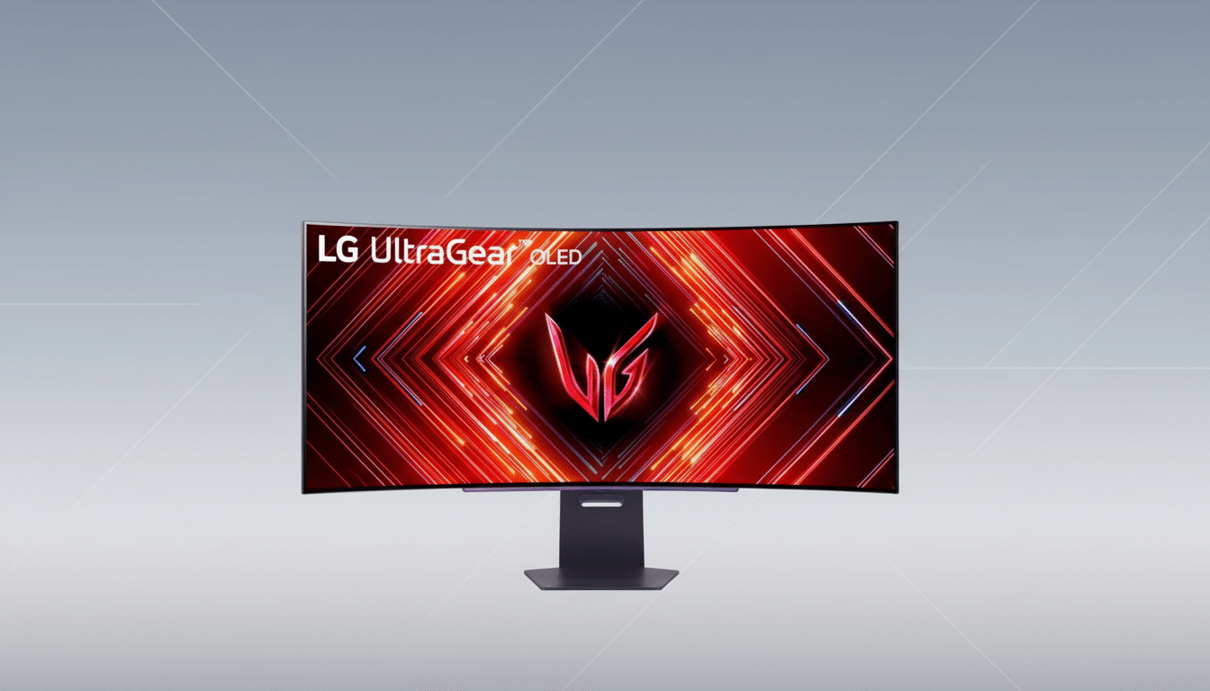 A professional, enhanced image of an LG UltraGear OLED monitor with a curved screen, set against a clean, light gray background with subtle geometric patterns.