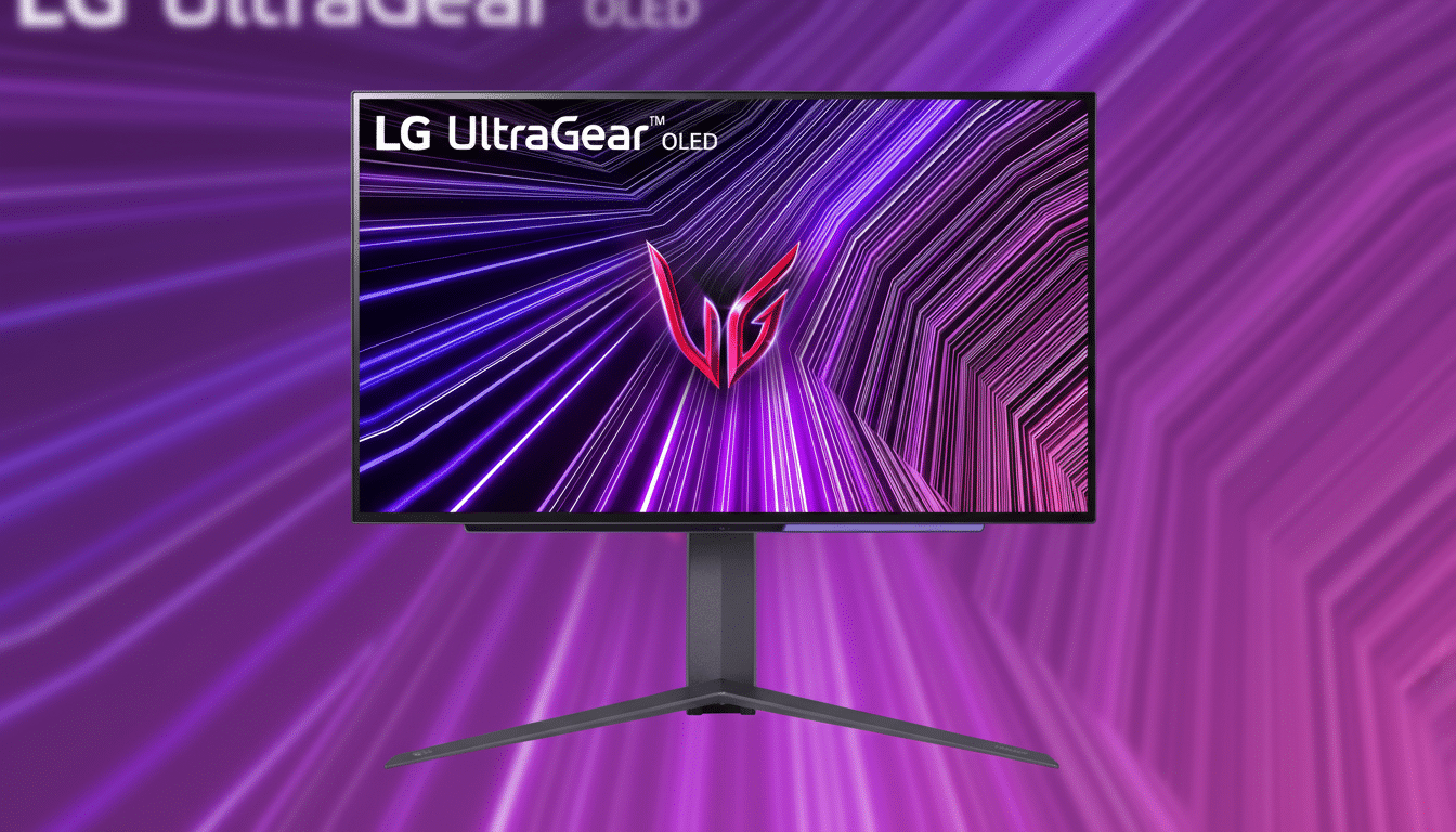 A professional image of an LG UltraGear OLED monitor with a 16:9 aspect ratio, featuring a vibrant purple and pink abstract background.