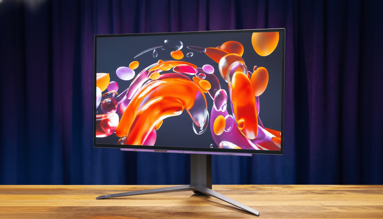 A professional image of a computer monitor displaying colorful abstract art, resized to a 16:9 aspect ratio with the original background preserved.