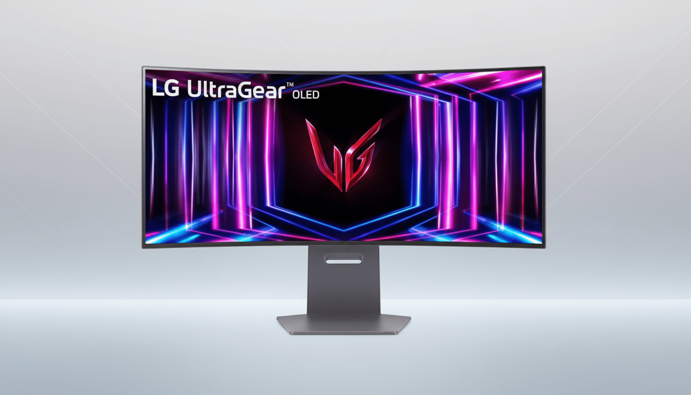 A professional image of an LG UltraGear OLED monitor with a curved screen, displaying a vibrant, neon-lit abstract design, set against a clean, light gray gradient background.