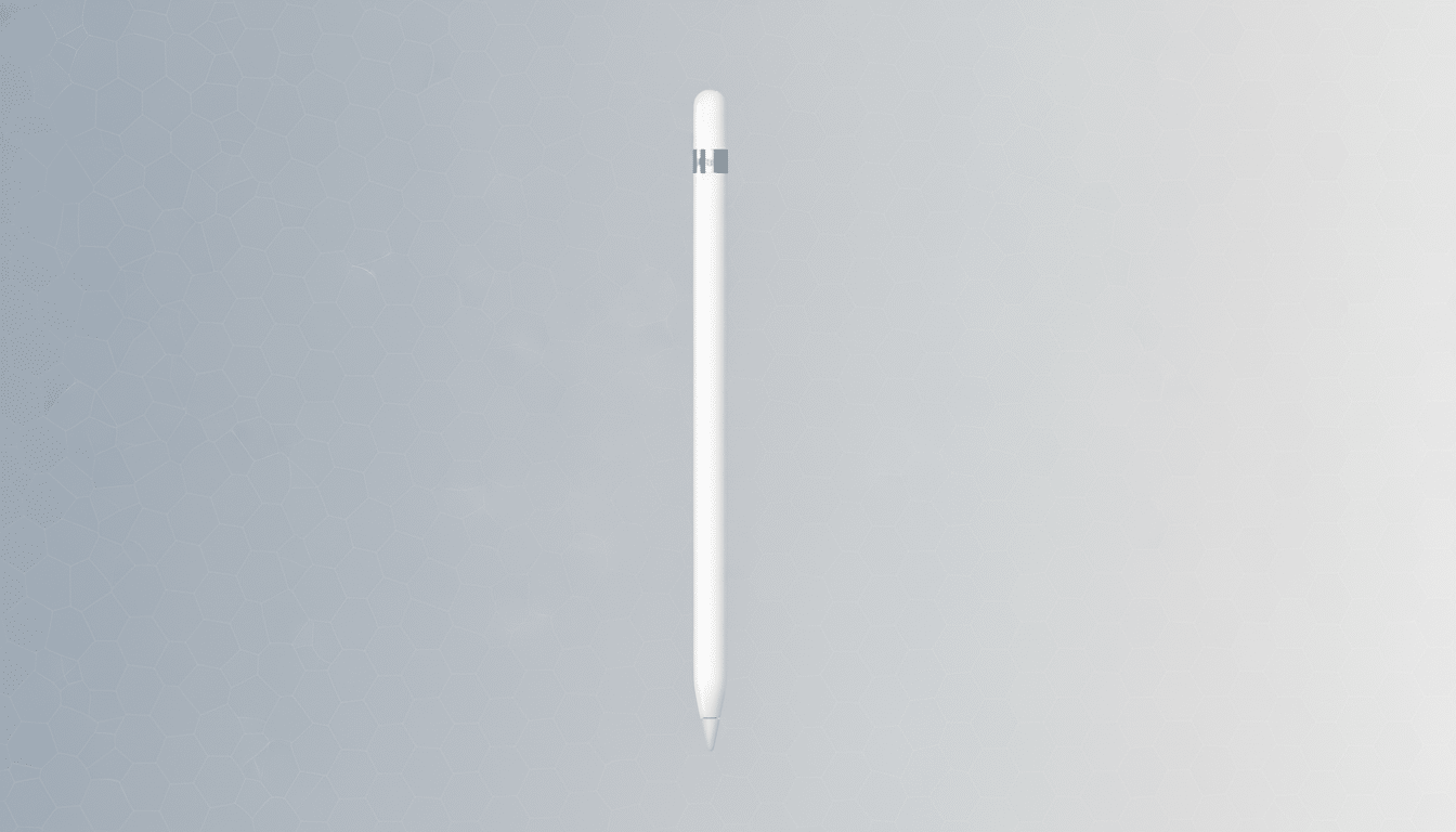 A white Apple Pencil centered against a professional light gray background with a subtle, soft pattern on the left side.