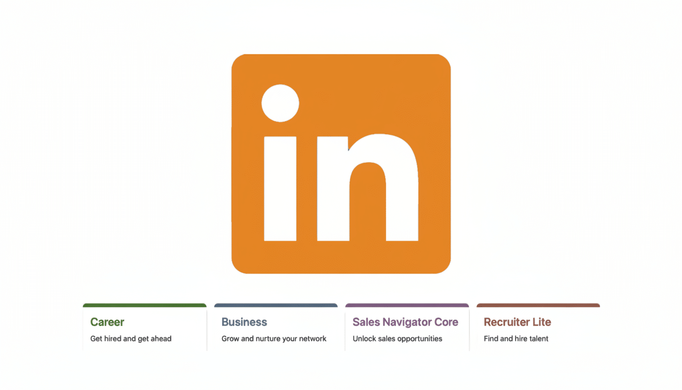 The LinkedIn logo, an orange square with in in white, is centered above four sections: Career, Business, Sales Navigator Core, and Recruiter Lite, each with a brief description and a colored line above it.