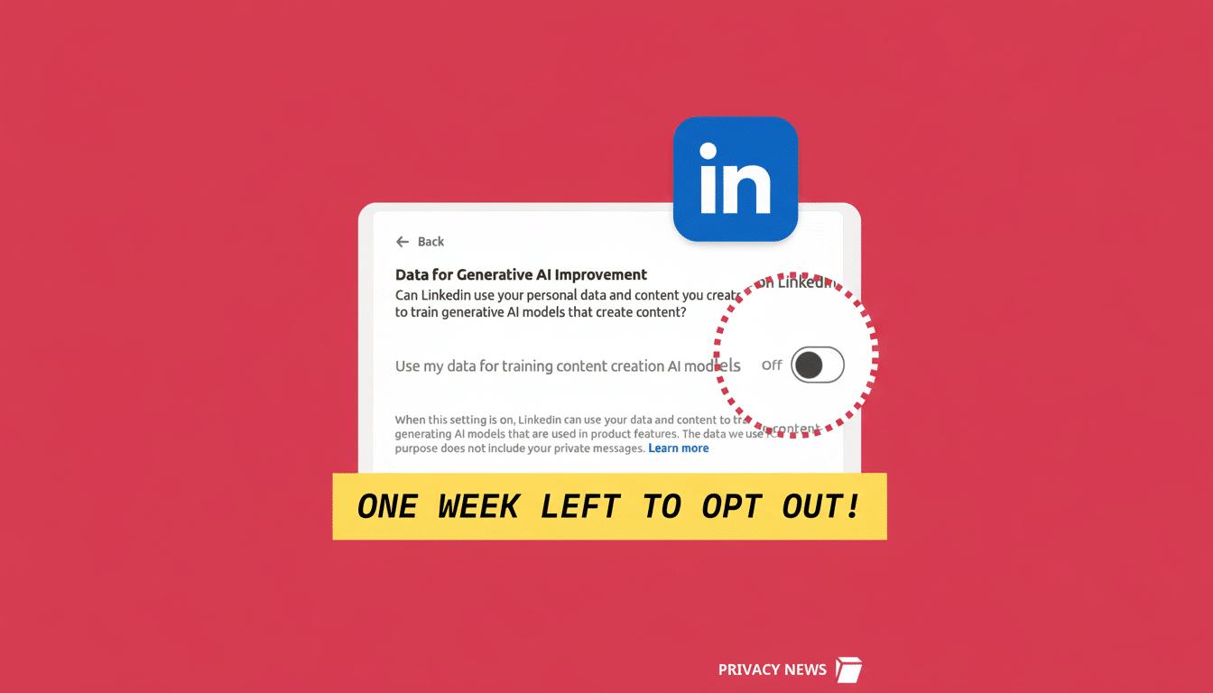 A screenshot of LinkedIns Data for Generative AI Improvement settings, showing the toggle for Use my data for training content creation AI models set to off. The image is resized to a 16:9 aspect ratio, maintaining the original red background and the LinkedIn logo. A yellow banner at the bottom reads ONE WEEK LEFT TO OPT OUT! and PRIVACY NEWS is visible in the bottom right corner.