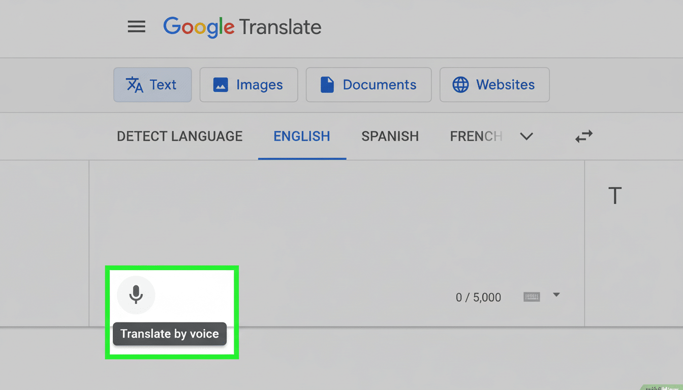 A screenshot of the Google Translate interface, showing the Translate by voice button highlighted in green.